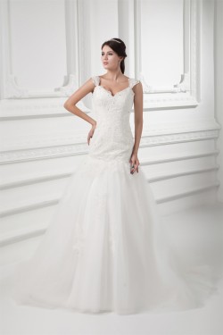 V-Neck Sleeveless A-Line Satin Fine Netting Lace Wedding Dresses 2031415