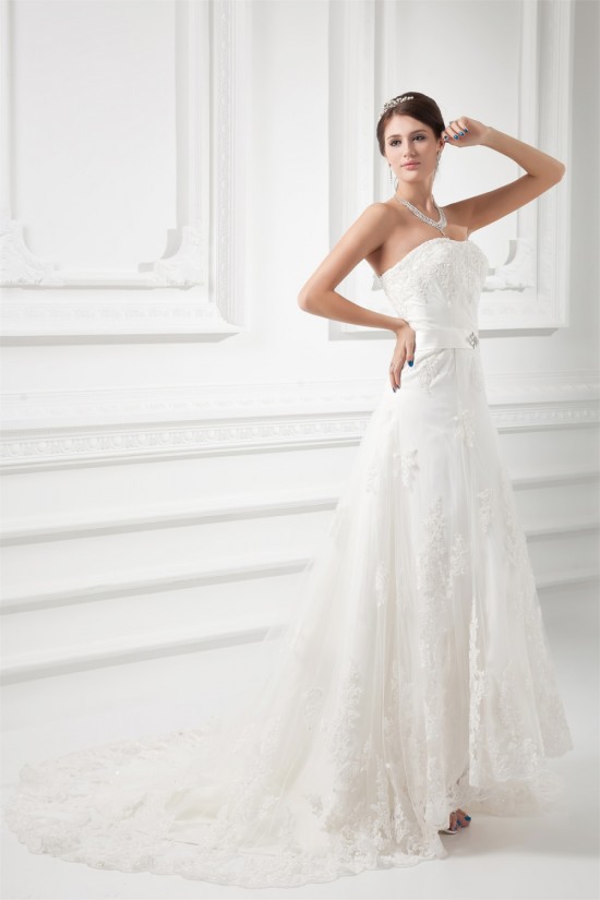 Wholesale Sheath/Column Satin Netting Sleeveless Lace Wedding Dresses 2031418