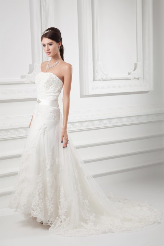 Wholesale Sheath/Column Satin Netting Sleeveless Lace Wedding Dresses 2031418
