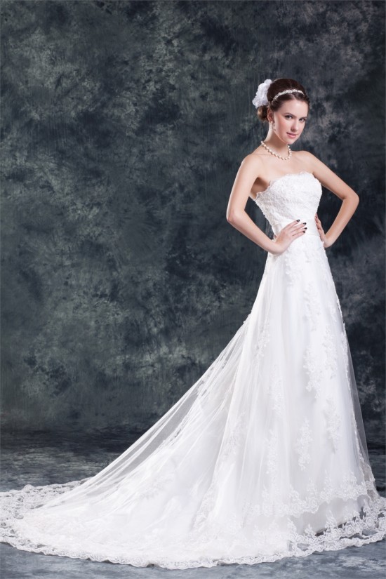 Wonderful Strapless A-Line Sleeveless Satin Net Wedding Dresses 2031432