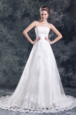 Wonderful Strapless A-Line Sleeveless Satin Net Wedding Dresses 2031432