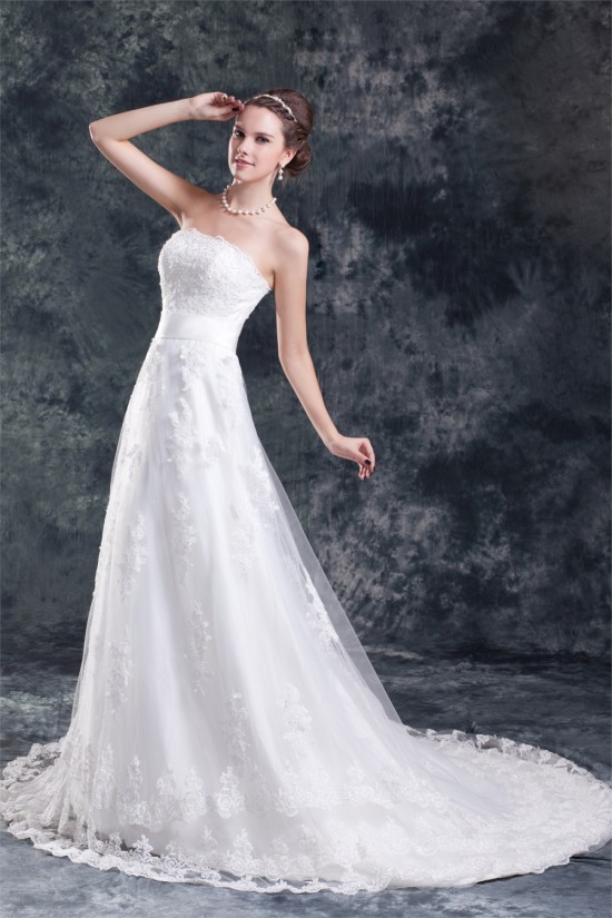 Wonderful Strapless A-Line Sleeveless Satin Net Wedding Dresses 2031432
