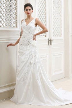 Sheath/Column V-Neck Beaded Applique Court Train Wedding Dresses 2031436