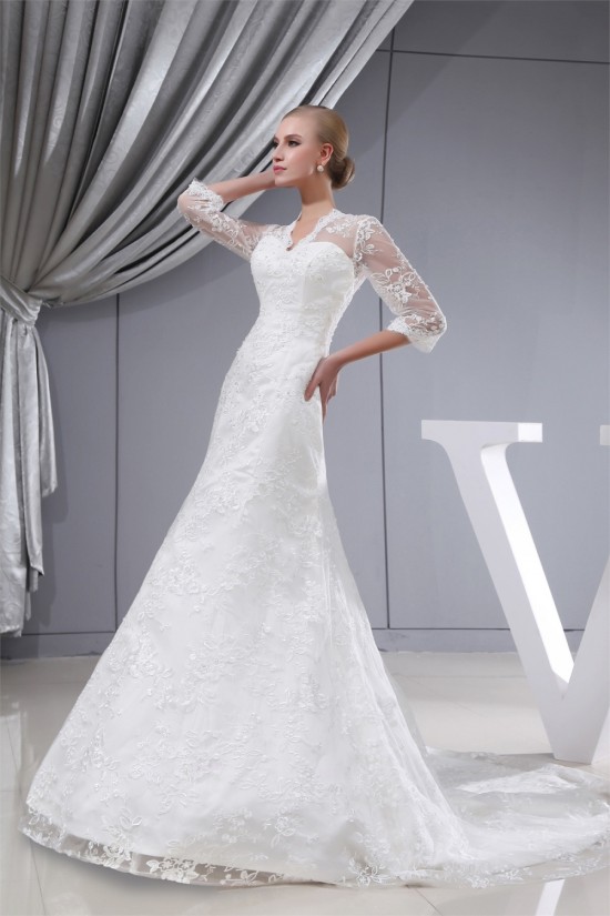 Fantastic Straps A-Line Satin Lace Long Sleeve Wedding Dresses 2030144