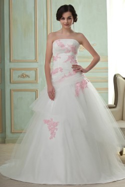 A-Line Strapless Court Train Lace Tulle Wedding Dresses 2031441