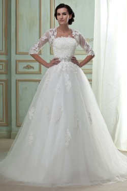 A-Line Strapless Court Train Beaded Lace Wedding Dresses with Lace Jacket 2031442