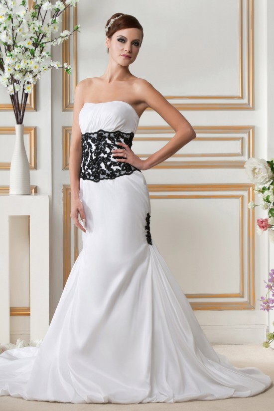 Trumpet/Mermaid Strapless Court Train Black White Wedding Dresses 2031443 Trumpet/Mermaid Strapless Court Train Black White Wedding Dresses 2031443