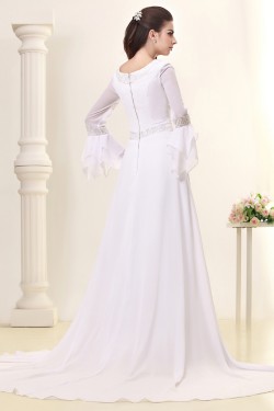 A-Line Sweep Train Long Sleeve Beaded Chiffon Wedding Dresses 2031458