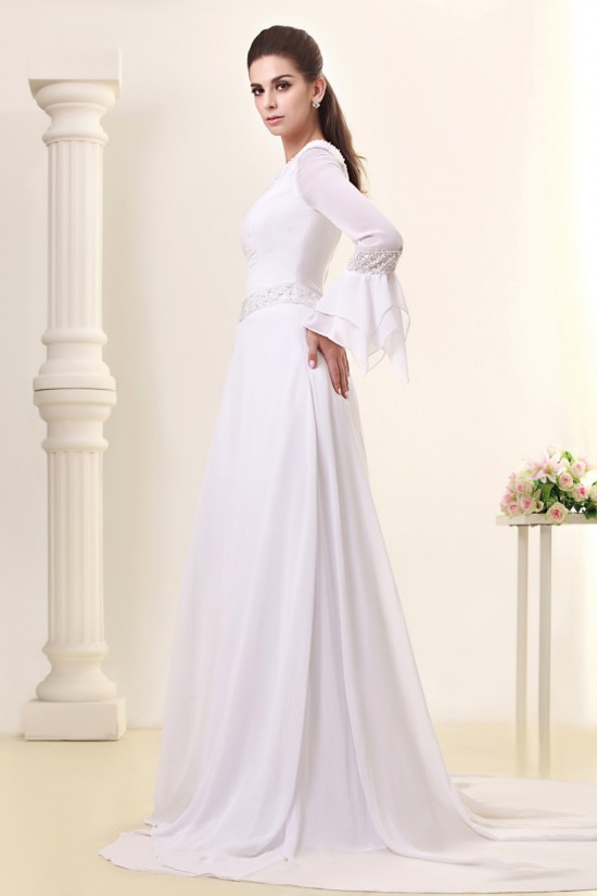 A-Line Sweep Train Long Sleeve Beaded Chiffon Wedding Dresses 2031458 A-Line Sweep Train Long Sleeve Beaded Chiffon Wedding Dresses 2031458