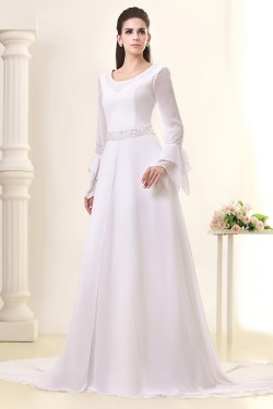 A-Line Sweep Train Long Sleeve Beaded Chiffon Wedding Dresses 2031458