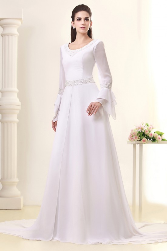 A-Line Sweep Train Long Sleeve Beaded Chiffon Wedding Dresses 2031458 A-Line Sweep Train Long Sleeve Beaded Chiffon Wedding Dresses 2031458