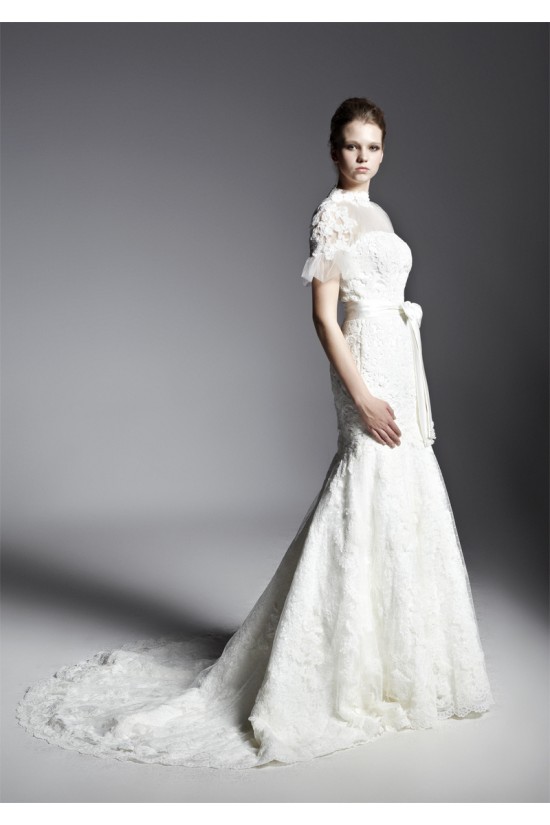 Trumpet/Mermaid High-Neck Court Train Short Sleeve Lace Wedding Dresses 2031466 Trumpet/Mermaid High-Neck Court Train Short Sleeve Lace Wedding Dresses 2031466