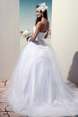 Ball Gown Strapless Court Train Beaded Lace Wedding Dresses 2031468