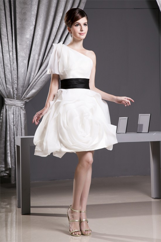 Elegant A-Line Short/Mini Draped One-Shoulder Reception Wedding Dresses 2031485