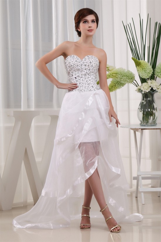 Floor-Length Sweetheart Satin Organza Beading Little White Dresses 2031489