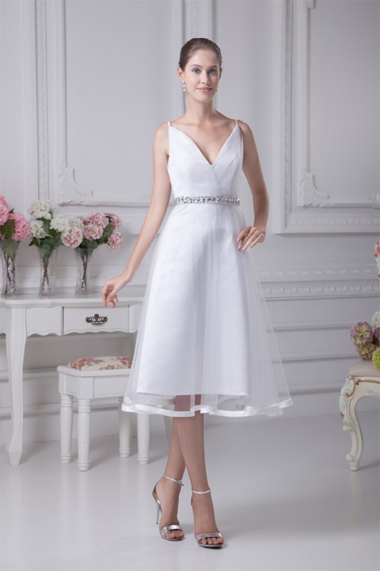 Great Satin Fine Netting Sleeveless V-Neck A-Line Beaded Reception Wedding Dresses 2031490