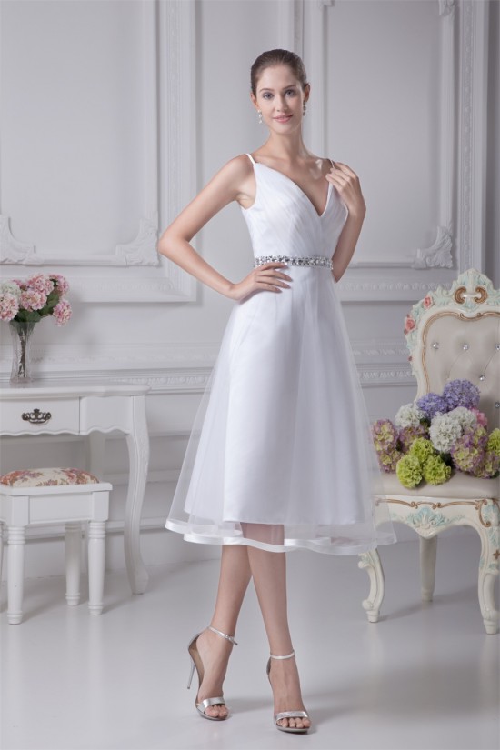 Great Satin Fine Netting Sleeveless V-Neck A-Line Beaded Reception Wedding Dresses 2031490