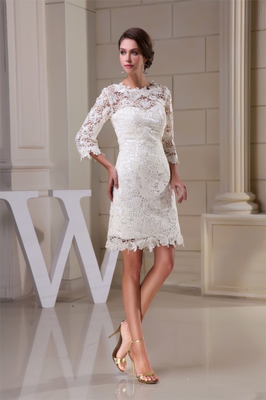 Sheath/Column Scoop 3/4 Length Sleeve Lace Little White Dresses Wedding Dresses 2031496