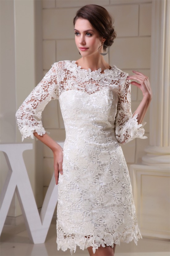 Sheath/Column Scoop 3/4 Length Sleeve Lace Little White Dresses Wedding Dresses 2031496