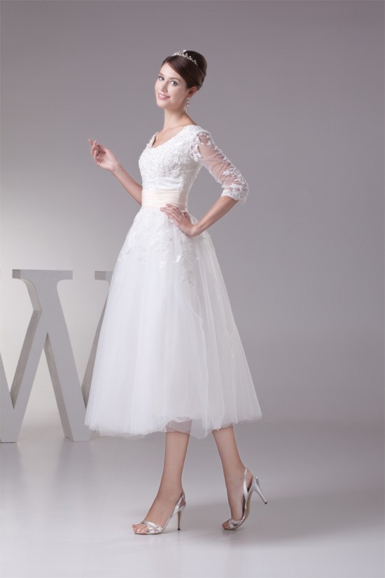 Satin Lace Fine Netting Scoop A-Line 3/4 Length Sleeve Little White Wedding Dresses 2031498