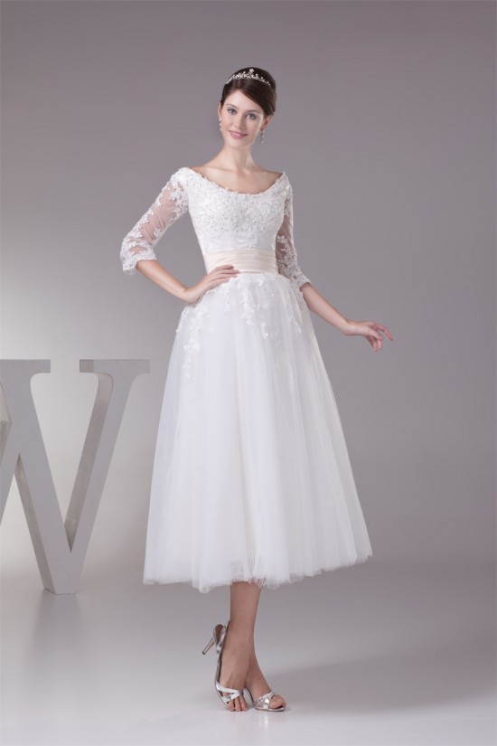 Satin Lace Fine Netting Scoop A-Line 3/4 Length Sleeve Little White Wedding Dresses 2031498