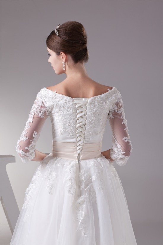 Satin Lace Fine Netting Scoop A-Line 3/4 Length Sleeve Little White Wedding Dresses 2031498