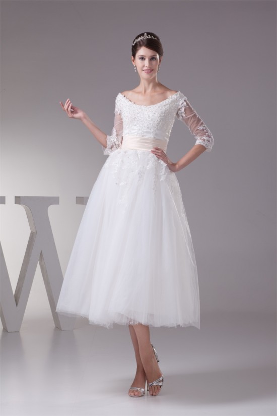 Satin Lace Fine Netting Scoop A-Line 3/4 Length Sleeve Little White Wedding Dresses 2031498