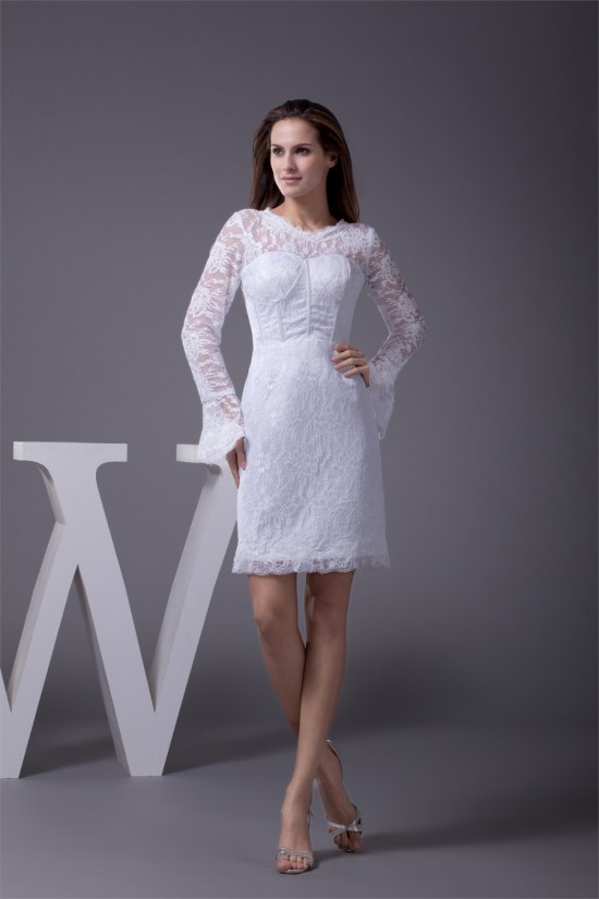 Satin Lace Short/Mini Scoop Sheath/Column Long Sleeve Wedding Dresses 2031499