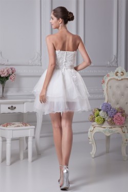 A-Line Satin Fine Netting Strapless Lace Short Reception Wedding Dresses 2031507