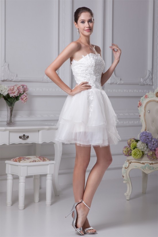 A-Line Satin Fine Netting Strapless Lace Short Reception Wedding Dresses 2031507