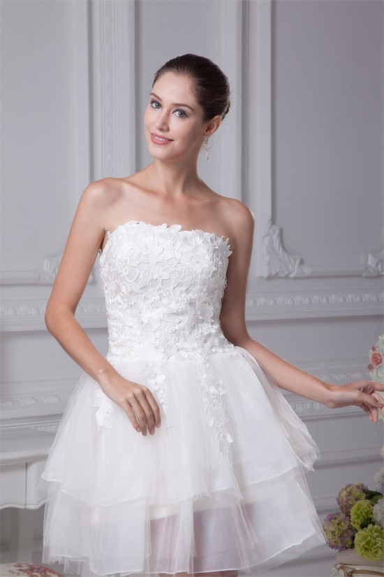 A-Line Satin Fine Netting Strapless Lace Short Reception Wedding Dresses 2031507