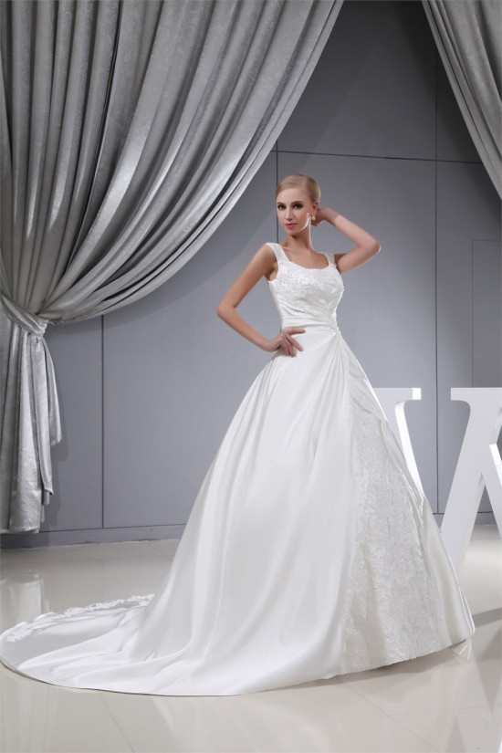 fashionable Straps A-Line Satin Lace Sleeveless Sweet Wedding Dresses 2030151