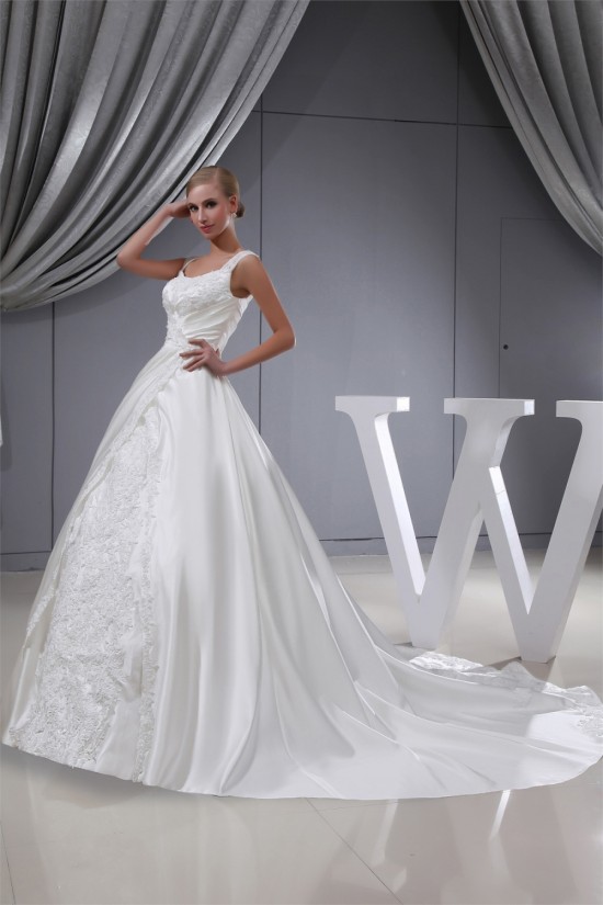 fashionable Straps A-Line Satin Lace Sleeveless Sweet Wedding Dresses 2030151
