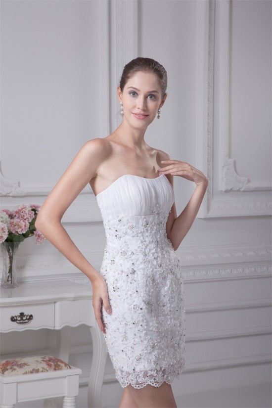 Sleeveless Strapless Sheath/Column Satin Organza Beaded Lace Wedding Dresses 2031510