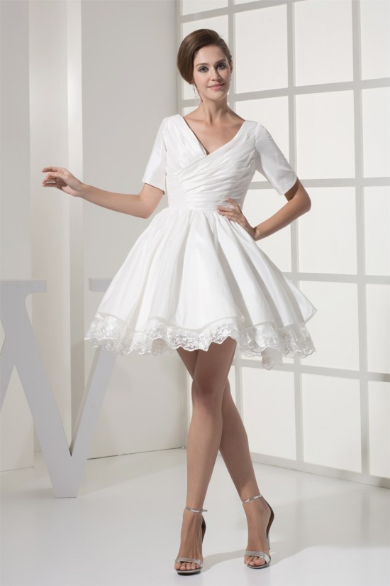 A-Line Short Sleeve V-Neck  Taffeta Lace Short Reception Wedding Dresses 2031517