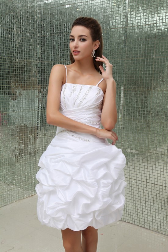 Wonderful Satin Taffeta Princess Spaghetti Straps Beaded Short Wedding Dresses 2031519