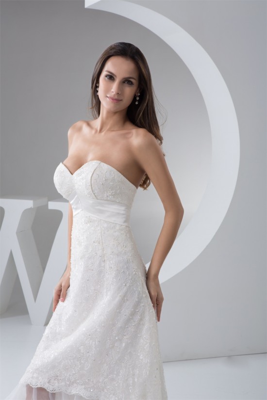 Fantastic A-Line Lace Sweetheart Sleeveless High Low Wedding Dresses 2031523