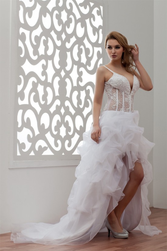 Fantastic Spaghetti Strap V-Neck Asymmetrical Satin Organza Beaded Wedding Dresses 2031524 Fantastic Spaghetti Strap V-Neck Asymmetrical Satin Organza Beaded Wedding Dresses 2031524