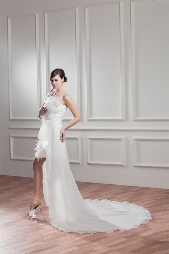 Great Sleeveless Satin Organza One-Shoulder A-Line High Low Wedding Dresses 2031525