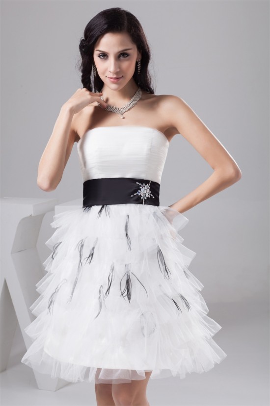 A-Line Strapless Satin Fine Netting Short Wedding Dresses 2031533