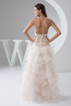 V-Neck Asymmetrical Sleeveless Ruched Satin Fine Netting Wedding Dresses 2031534