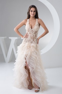 V-Neck Asymmetrical Sleeveless Ruched Satin Fine Netting Wedding Dresses 2031534