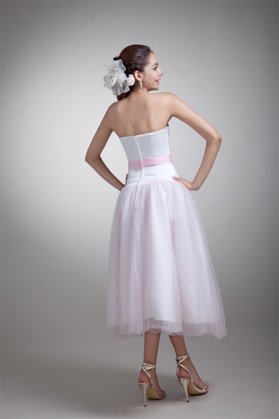 A-Line Sweetheart Beading Satin Net Sleeveless Tea-Length Wedding Dresses 2031537