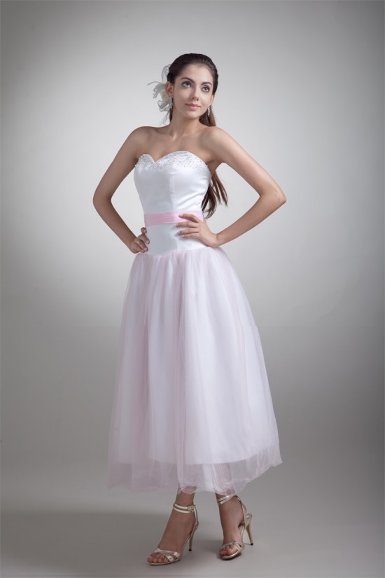 A-Line Sweetheart Beading Satin Net Sleeveless Tea-Length Wedding Dresses 2031537