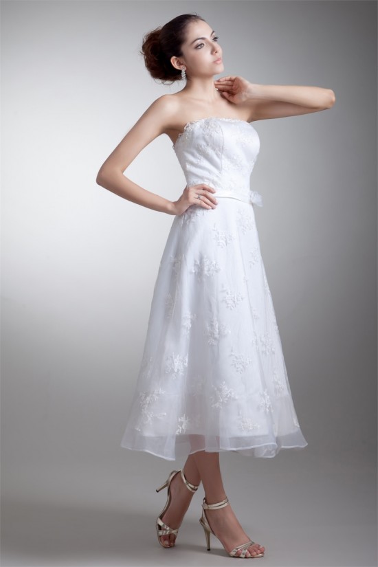 Beautiful Strapless Satin Lace A-Line Tea-Length Wedding Dresses 2031539 Beautiful Strapless Satin Lace A-Line Tea-Length Wedding Dresses 2031539