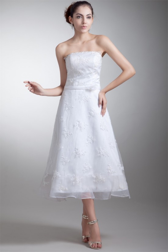 Beautiful Strapless Satin Lace A-Line Tea-Length Wedding Dresses 2031539 Beautiful Strapless Satin Lace A-Line Tea-Length Wedding Dresses 2031539