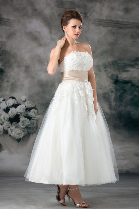 A-Line Sleeveless Strapless Ankle-Length Lace Wedding Dresses 2031547