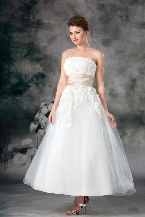 A-Line Sleeveless Strapless Ankle-Length Lace Wedding Dresses 2031547