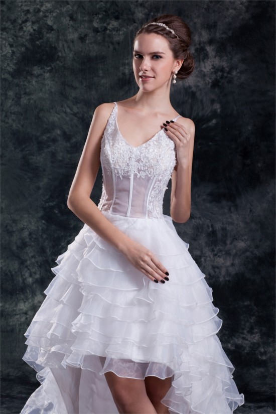 Unique Design V-Neck Satin Organza Lace A-Line High Low Wedding Dresses 2031548