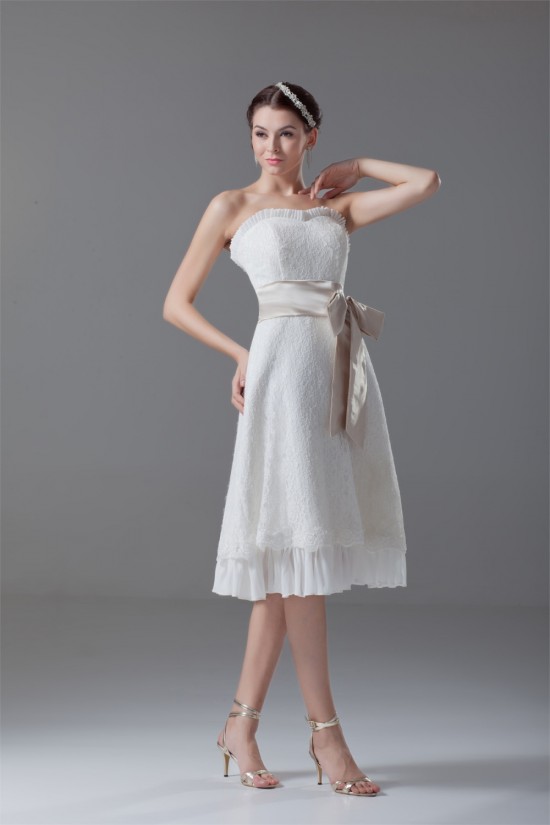 A-Line Strapless Satin Lace Sleeveless Short Wedding Dresses 2031549